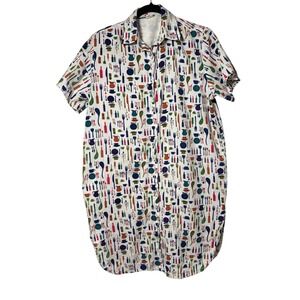 Earth Holic Womens‎ Button Up Cotton Shirt Dress Kitchen Utensils Size M